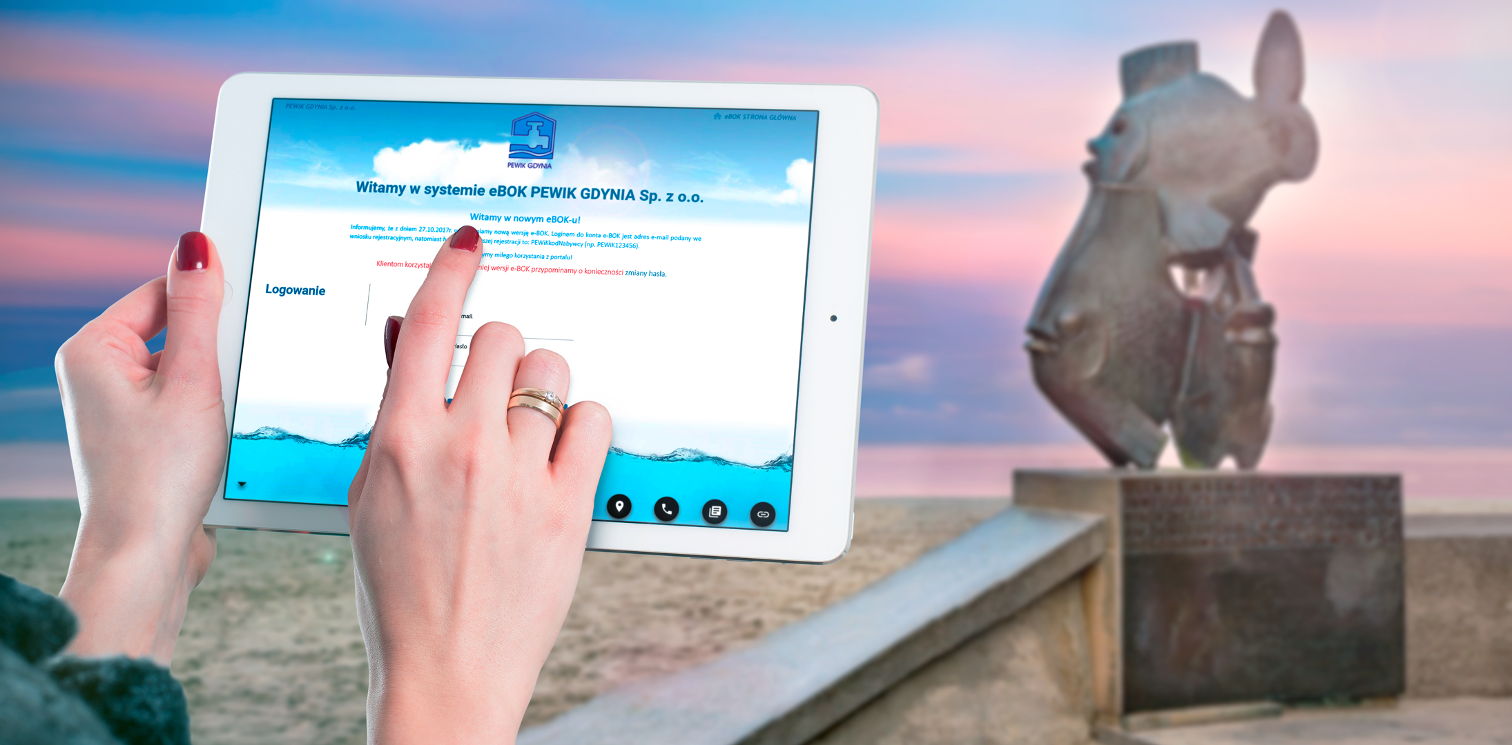 Dłonie obsługujące tablet z ekranem logowania do e-BOK.