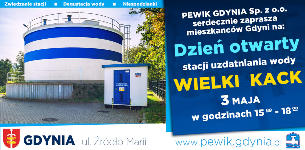 Zaproszenie na dzień otwarty Stacji Uzdatniania Wody Wielki Kack 3 maja w godz. 15:00–18:00.
