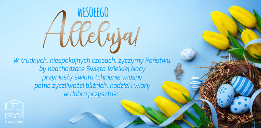 Kartka wielkanocna „Wesołego Alleluja” z tulipanami i pisankami oraz życzeniami nadziei.