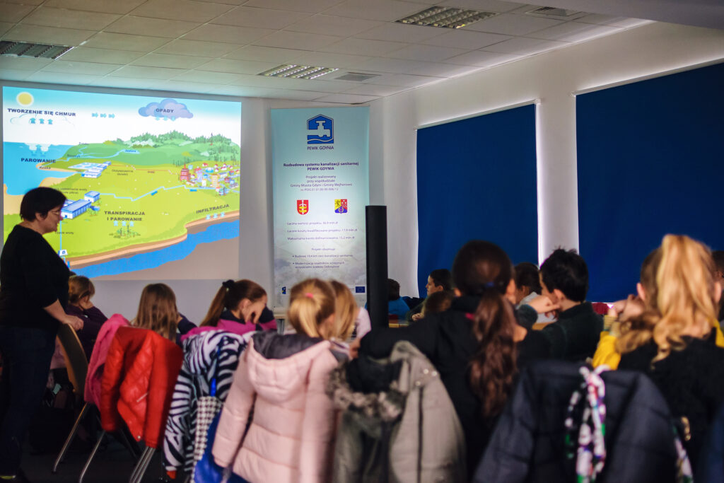 Dzieci oglądają prezentację o obiegu wody podczas warsztatów edukacyjnych.