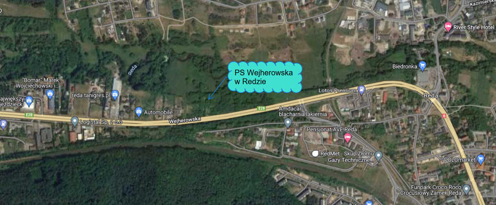Mapa z lokalizacją przepompowni ścieków „Wejherowska” w Redzie.