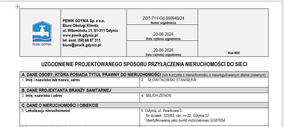 Zdjęcie przedstawia przykład dokumentu Uzgodnienia projektowanego sposobu przyłączenia nieruchomości do sieci.