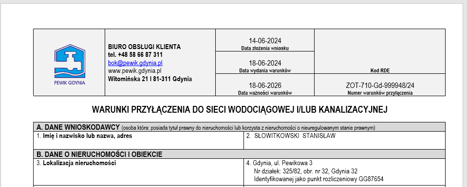 Zdjęcie przedstawia przykładowy dokument Warunków przyłączenia nieruchomości do sieci.