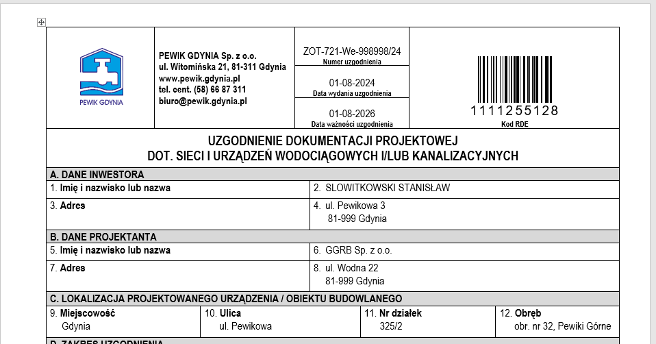 Zdjęcie przedstawia przykładowy dokument Uzgodnienia dokumentacji projektowej.